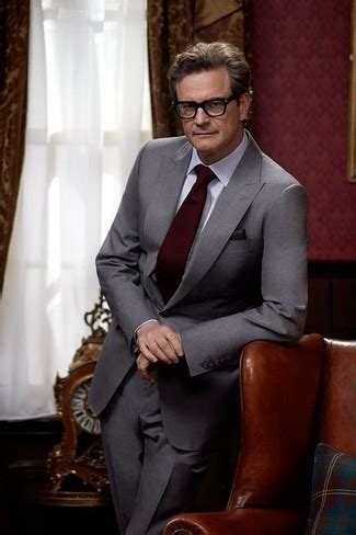 Colin Firth Wearing Grey Suit White Dress Shirt Burgundy Tie Black Pocket Square Lookastic