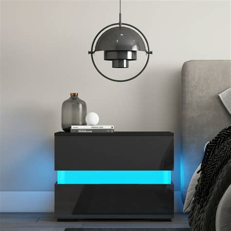 modern high gloss led nightstand with 2 drawers 20 led light mode system w remote bedroom