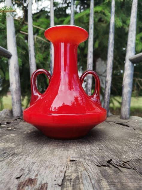 Vintage Glass Red Vase From Yugoslavia 1970s Midcentury Glass Etsy