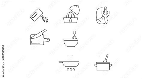 Animated Kitchen Utensils Line Icons Cooking Equipment Animation