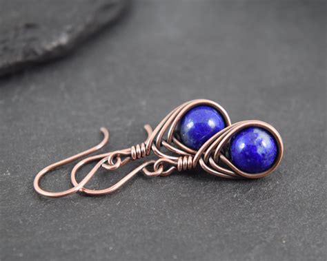 Blue Lapis Lazuli Bead Wire Wrapped Earrings Beaded Earrings Etsy