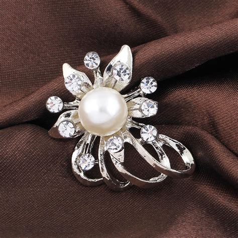 National Shining Glamorous Big Simulated Pearl Rhinestone Flower Silver Color Brooches For Women