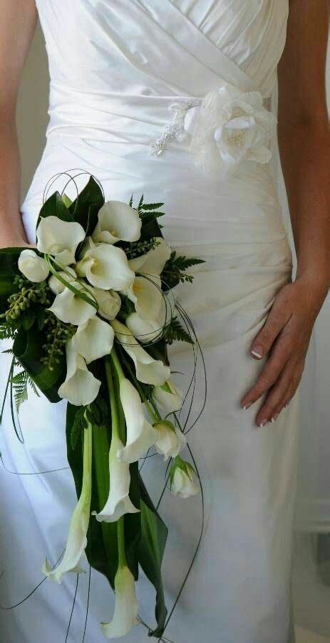 Green White Cascading Bridal Bouquet White Calla Lilies White Roses