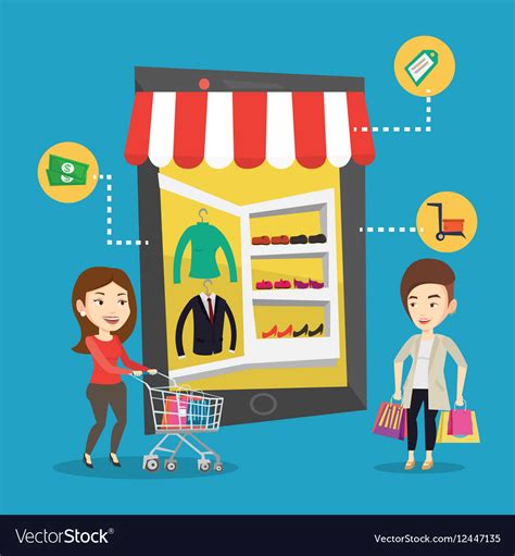 Two Women Doing Shopping Online Royalty Free Vector Image
