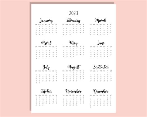 2023 Calendar Template 85 X 11 Inches Vertical Year At A Etsy