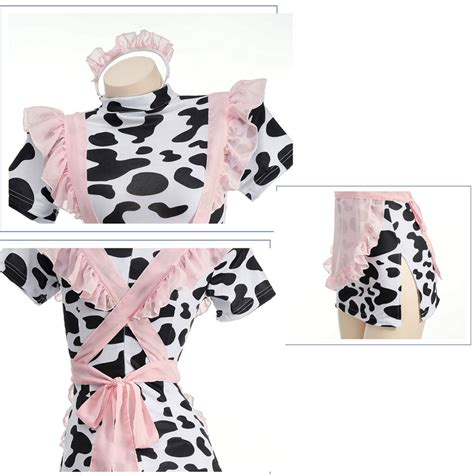 Cute Cow Maid Costume Anime Cow Print Lingerie Set Pink Mesh Maid Apro