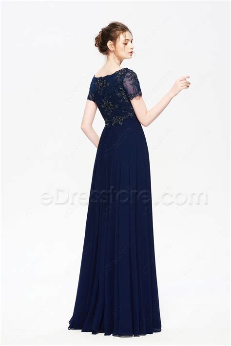 Navy Blue Modest Bridesmaid Dresses With Sleeves Maid Of Honor Dress Navy Blue Modest