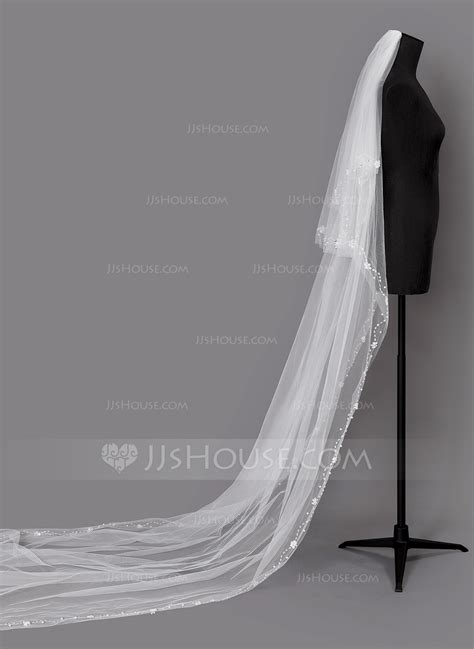 Two Tier Beaded Edge Chapel Bridal Veils With Faux Pearl 006203725