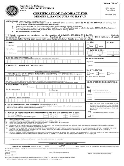 2021 2024 Form PH Certificate Of Candidacy For Member Sangguniang Bayan
