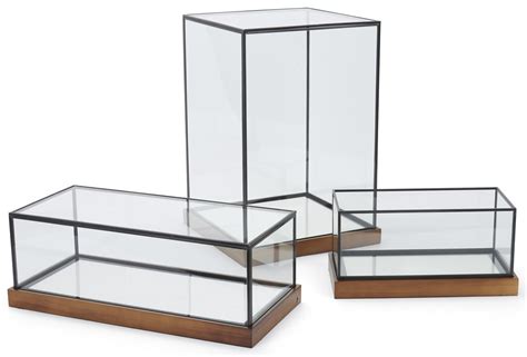 Led Glass Tabletop Display Box Black Copper Frame W Wood Base