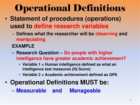 An operational definition should identify how the variable is calculated or recorded as a numeric value. PPT - Research Methods: Thinking Critically with ...