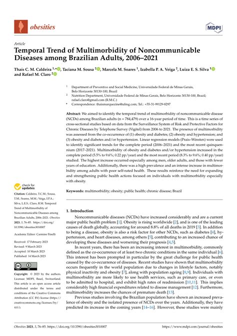 Pdf Temporal Trend Of Multimorbidity Of Noncommunicable Diseases Among Brazilian Adults 20062021