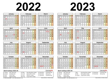Two Year Calendars For 2022 And 2023 Uk For Excel