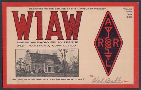 W1aw American Radio Relay League W Hartford Ct Qsl Ham Radio Card Hal Babb