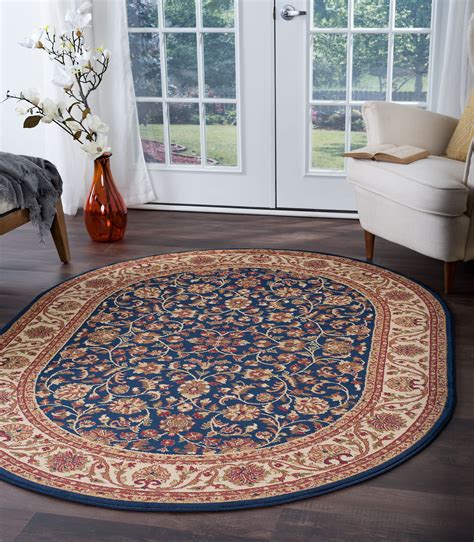 Traditional Area Rug 53 X 73 Oval Border Navy Beige Living