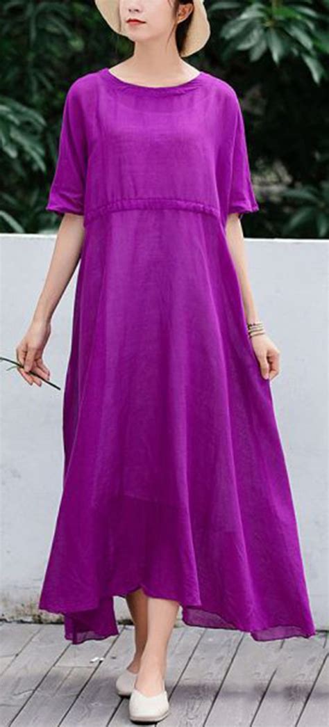 Unique Half Sleeve Linen Outfit Cotton Purple High Waist Dress Summer