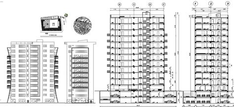 High Rise Multi Purpose Building Elevations And Sections Drawing