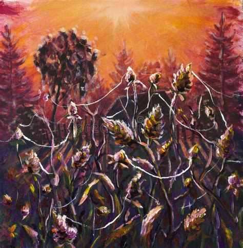 Warm Summer Evening In Cobwebs Original Oil Painting Evening Plants