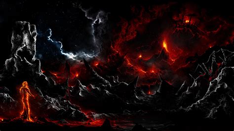 Dark Volcano Smoke Eruption Lava Fantasy Landscapes Stars