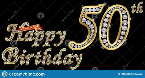 50 Years Happy Birthday Golden Sign With Diamonds Vector Illustration