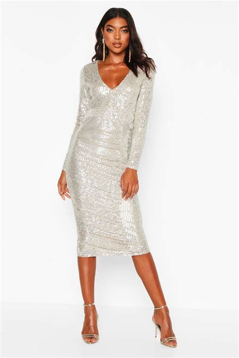 Tall Plunge Ruched Sequin Midi Dress Boohoo Sequin Midi Dress Midi Dress Grey Midi Dress
