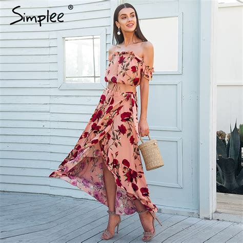 Simplee Off Shoulder Ruffle Two Piece Summer Dress Suit Casual Elastic Beach Women Dress Maxi