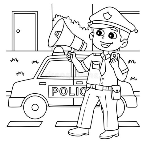 Police Man With A Megaphone Coloring Page For Kids Stock Vector