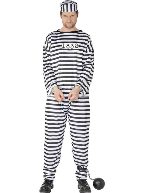 Mens Convict Costume Striped Prisoner Jail Robber Criminal Fancy Dress