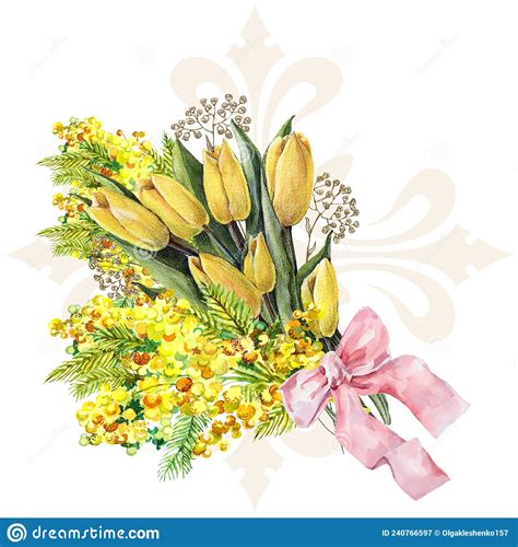 Background With Watercolor Spring Flowers Mimosa And Tulip Stock