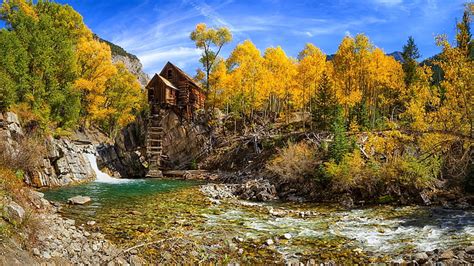 Hd Wallpaper Fall Yellow River Blue Trees Mountains Forest