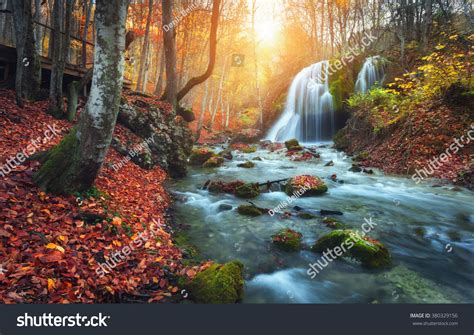 Beautiful Waterfall Mountain River Colorful Autumn Stock Photo