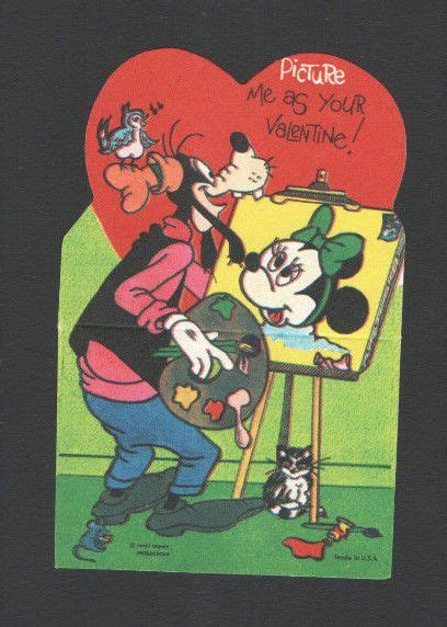 Vintage Valentines Card Disney Goofy Painting Minnie Mouse Unused