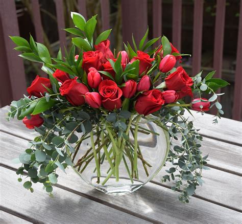 Modern Red Rose Arrangement With Eucalyptus And Tulips Fresh Flowers