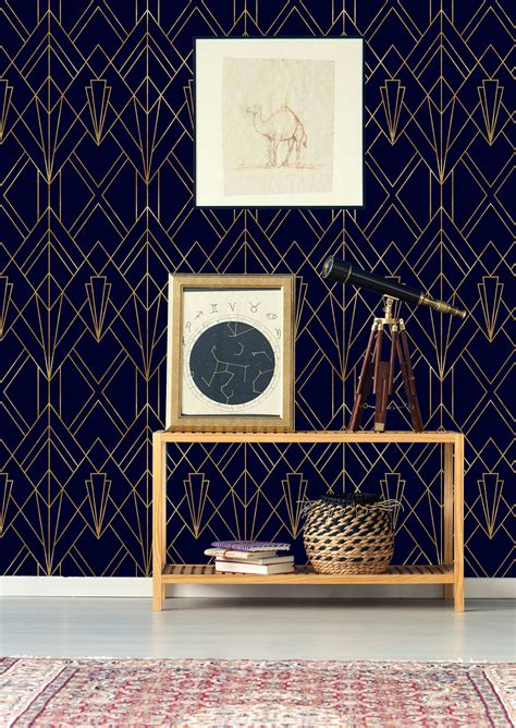Gold And Navy Blue Geometric Removable Wallpaper Peel And Stick