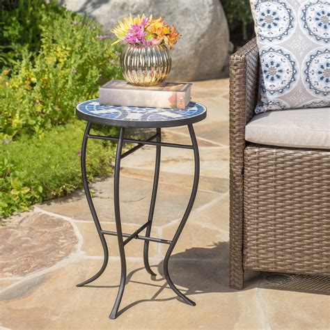 Noble House Kenny Outdoor Ceramic Tile Side Table With Iron Frame Blue And White