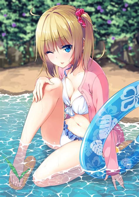 Unasaka Ryou Original Absurdres Highres Girl P Ahoge Bare Legs Bikini Blue Background