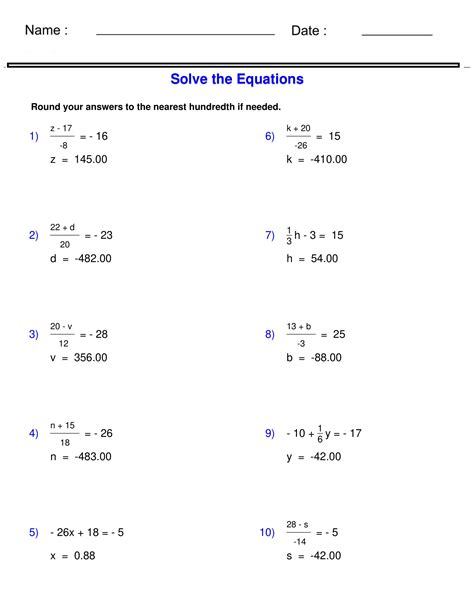 Pre Algebra Equations Two Step Equations Containing Integers