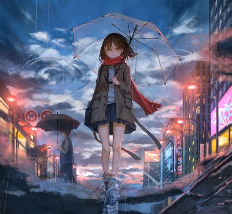 Wallpaper Anime Girls Rain Umbrella City Catzz 1500x1385