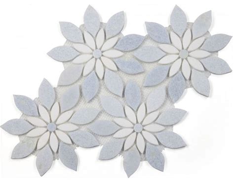 thassos white and azul celeste blue daisy flowers mosaic tilezz