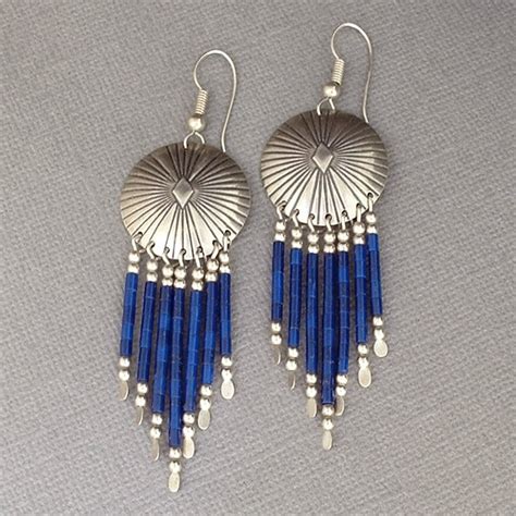 Signed Vintage Native American Lapis Lazuli Earrings Navajo Long