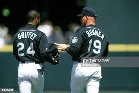 jay buhner and ken griffey jr of the seattle mariners talk during news photo getty images