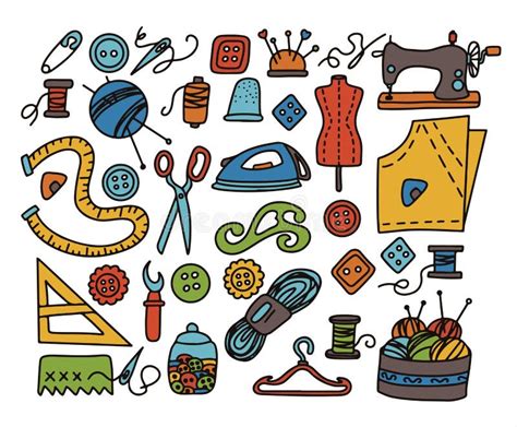 Big Vector Doodle Sewing Set Vector Tailoring Tools Icons Stock Vector