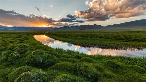 Sky Clouds Nature River Field Mountains Iceland Sunset Plants