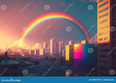 Dystopian City With Rainbow Over It Urban Concept Stock Illustration