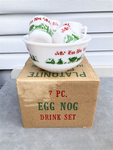 Vintage Hazel Atlas Egg Nog Bowl With Mugs S Milk Glass
