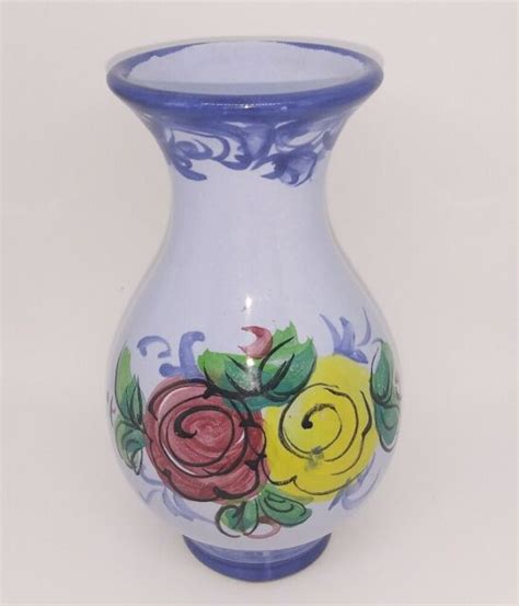 Vestal Alcobaca Vase Portugal Hand Painted Floral Blue European Pottery