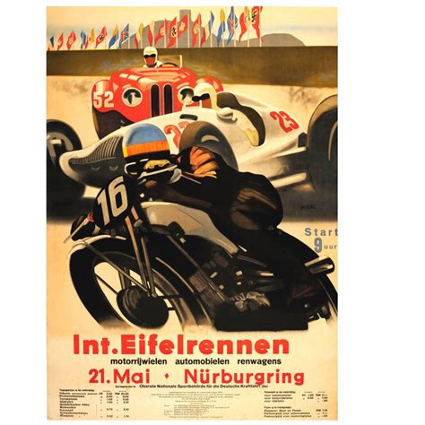 Large Original Vintage Car Motorcycle Racing Poster Int Eifelrennen