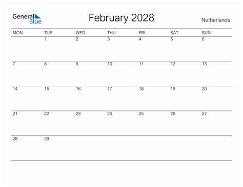 Printable February 2028 Monthly Calendar With Holidays For Netherlands
