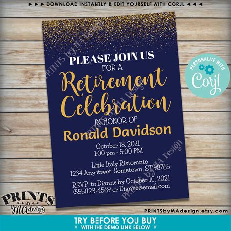 Retirement Celebration Invite Gold Glitter Custom Printable 5x7