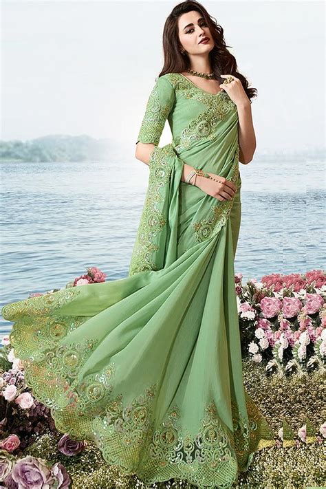 Buy Mint Green Embroidered Saree In Art Silk Online Like A Diva